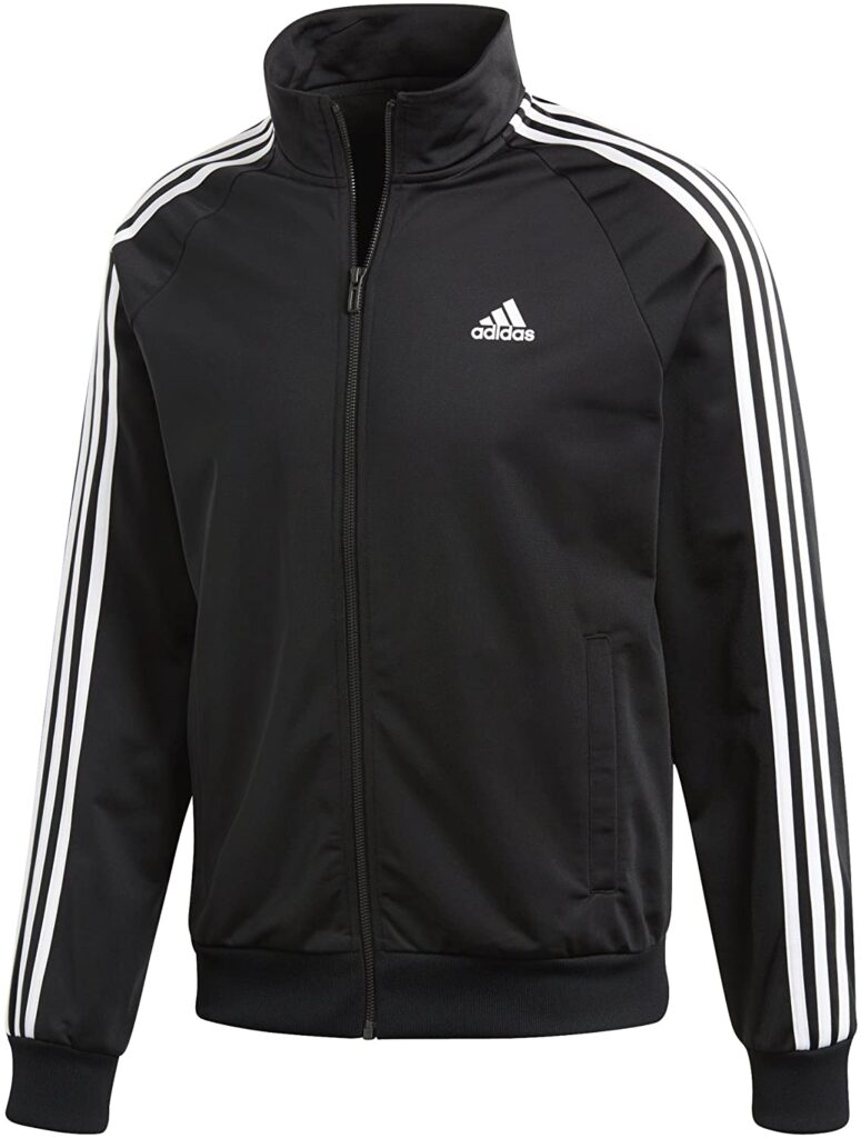 Adidas Essentials 3-Stripes Tricot running jacket in black.