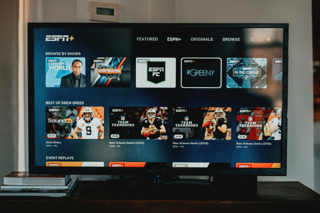 Smart TV displaying various streaming apps with data flow icons